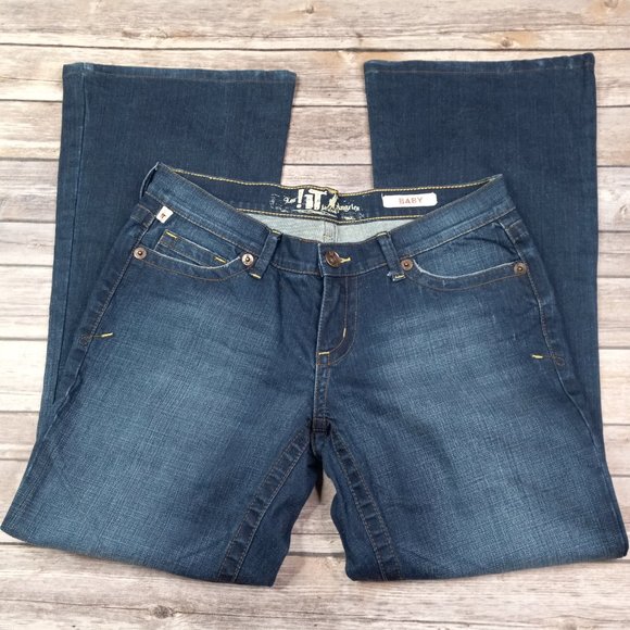 !It Jeans Baby Low Rise Flare 30 Distressed Dark Wash Contrast Stitching - Picture 6 of 7